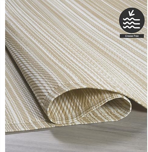 FH Home Outdoor Rug - Waterproof, Fade Resistant, Reversible - Premium Recycled Plastic - Striped - Patio, Deck, Porch, Balcony - Havana - Beige Crease Free - 5 x 8 ft - Image 6