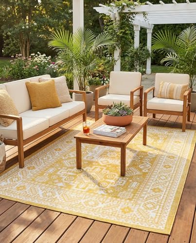 Rugs.com - Outdoor Aztec Rug – 6' 1 x 9' Yellow Indoor/Outdoor Rug – Weather-Resistant Flatweave for Patios, Decks, and Porches - Image 4
