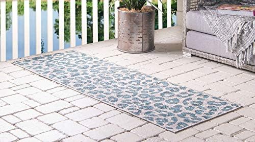 Unique Loom Outdoor Safari Collection Area Rug - Leopard (2' x 6' 1" Runner, Teal/ Ivory) - Image 3