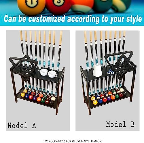 Pool Stick Holder Floor Stand Holds 9 Cues & Pool Table Accessories. Wooden 2-Tier Cue Stick Storage with Ball Rack Hangers, Billiard Cone Chalk Holder or Drink Pads - Image 4