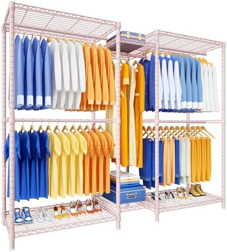 Ulif E12 Pro Clothes Rack，Heavy Duty Freestanding Garment Rack with Shelves，Metal Clothing Closet Storage System for Hanging Clothes，71" W x 16" D x 76.5" H, Hold 960 lbs，Pink by Ulif