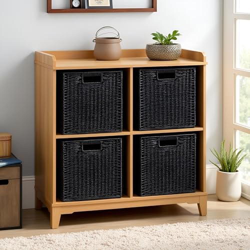 UBBCARE 3 Pack Wicker Basket, 11L×11H×10.5W inch Woven Paper Rope Storage Baskets for Shelves, Foldable Cube Storage bin with Handle, Storage Basket for Organizing & Decor, Black - Image 5