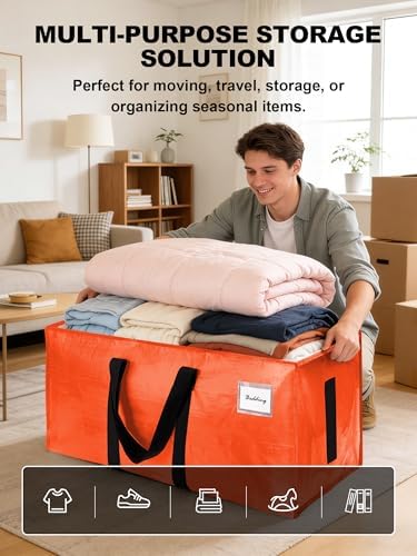 HOMESURE Supports 200lbs Heavy Duty Moving Bags - Strong Zipper & Wrap-Around Handles - Water-Resistant Storage Totes, Durable Alternative to Moving Boxes - 12 Pack - Orange - Image 4