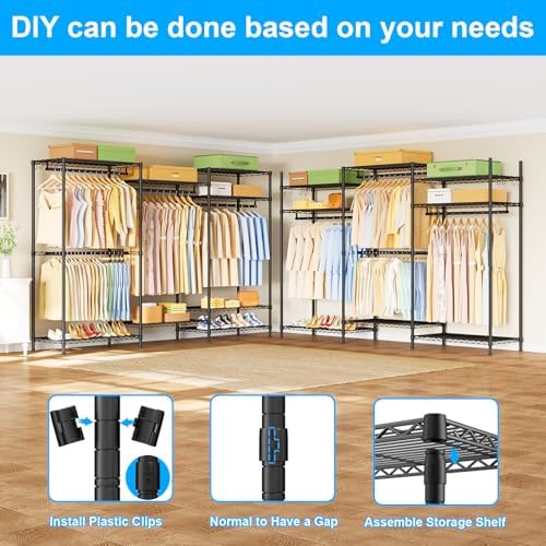 Ulif E13 Pro Heavy Duty Clothes Rack（With 4 Hanger Rods & 8 Shelves） Freestanding Clothing Racks for Hanging Clothes，Adjustable Closet，Metal Garment Rack 75" W x16 D x77 H，Max Load 1000LBS，Black - Image 4