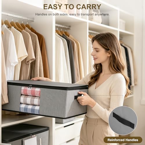 Cozary Pack of 3 60 L Underbed Storage Box, Foldable Storage Bag with Lid and Clear Window, Underbed Storage with Handle for Blankets, Bedding, Grey - Image 6