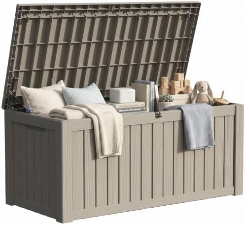 150 Gallon Deck Box Organizer, Doubles as 2-Person Bench Seat, Grey Large Resin Outdoor Storage and Seating with Lockable Lid for Garden, Pool, and Patio by GraceYourYard