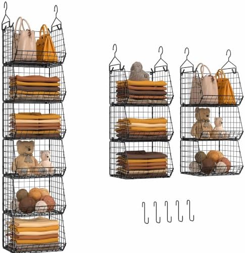 6 Tier Closet Hanging Organizer, Clothes Hanging Shelves with 4 Hanging Hooks 5 S Hooks, Wire Storage Basket Bins, for Clothing Sweaters Shoes Handbags Clutches Accessories Patent Design-Black by X-cosrack
