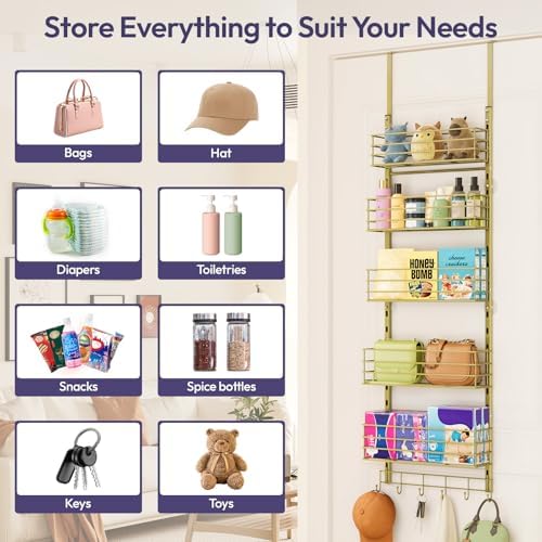 SWTYMIKI Over The Door Organizer - Door Organizer Hanging with 5 Adjustable Metal Large Capacity Basket and 6 Coat Hook, Wall Mounted Shelf for Bedroom Closet Bathroom Laundry Pantry Cabinet Kitchen - Image 3