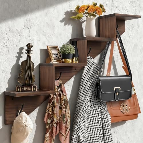 Hookmous Coat Rack Wall Mount with Shelf, Brown Wall Shelf with Hooks, Sturdy​​ Wooden Rise Staircase Shelves, Space-Saving Decorative Organizer for Entryway, Mudroom, Hallway, Living Room, Bedroom by muukinghouse