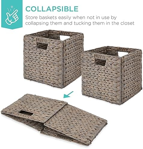 Best Choice Products 10.5x10.5in Pack of 5 Cube Storage Baskets, Water Hyacinth Multipurpose Collapsible Organizers, Handwoven Laundry Totes for Laundry, Living Room, Kids Room & Nursery - Gray - Image 3