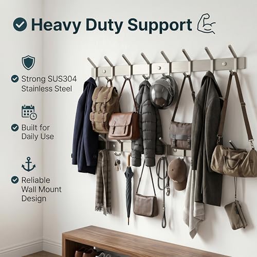 Coat Rack Wall Mount – Brushed Nickel 24 Inch Stainless Steel Hook Rail with 8 Heavy Duty Double Coat Hooks – Wall Mounted Coat Hanger for Entryway, Bathroom, Bedroom, Towel, Hat Organizer - 2 Pack - Image 5