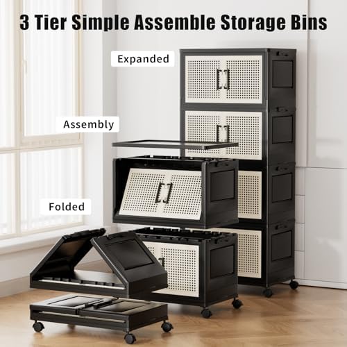 Storage Bins with Lids, Stackable Storage Containers with Lids, Collapsible Plastic Bins, Closet Organizers and Storage with Wheels and Magnetic Door for Home Office Dorm (4 Pack) - Image 2