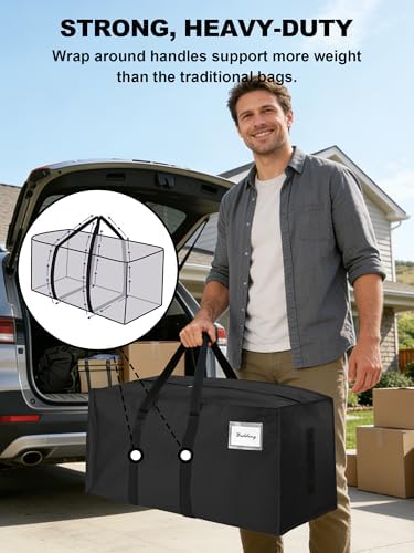 HOMESURE8 Pack 40 Gal Large Strong Moving Bags with Zippers & Carrying Handles - Water-Resistant - Heavy Duty Storage Tote for Space Saving, Fold Flat, Alternative to Moving Box (Black) - Image 2