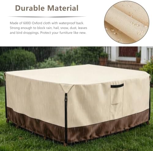 Outdoor Furniture Covers, 600D Heavy Duty Waterproof Outdoor Dining Table and Chairs Cover — 111L x 74W x 28H inch, All-Weather Protection Patio Furniture Cover, Beige - Image 5