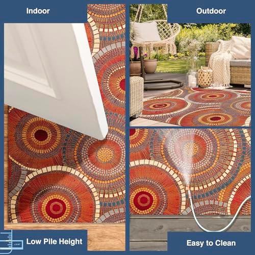 Liora Manne Marina Indoor/Outdoor Power Loomed Synthetic Blend Low Profile Area Rug - Transitional Geometric Casual Medallion Colorful (Circles Saffron) (1'11" x 4'11") - Image 3