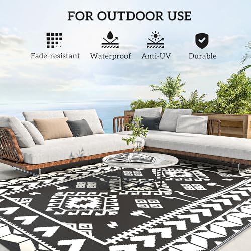 Outsunny Outdoor Rug for Patio Waterproof 8' x 10' Black & White Rhombus - Image 6