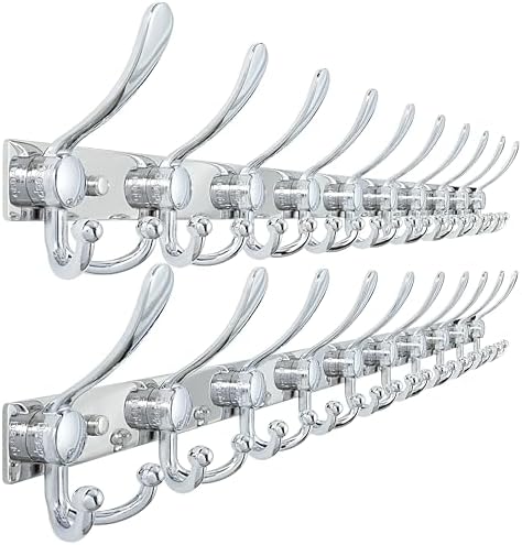 Dseap Coat Rack Wall Mount 37”, Heavy Duty 12-Gauge Base vs Flimsy 1mm, Double-Thick Anti-Snap Hooks, 16” Stud-Mount, Stainless Steel 10-Hook Hanger for Closet Entryway, Chromed, Pack of 2 by Dseap