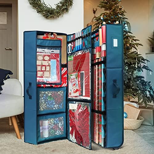 Hearth & Harbor Wrapping Paper Storage Container with Ribbon Dispenser and Interior Pockets - Large Christmas Storage Containers with Wheels, Fits 30 Rolls of 40" Length, Blue - Image 6