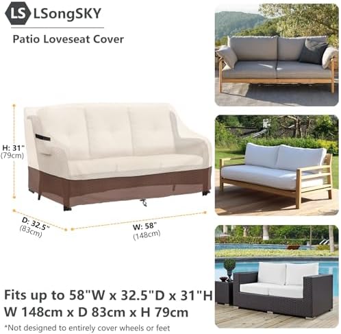 Outdoor 2-Seater Loveseat Cover,Patio Sofa Covers Fits up to 58W x 32.5D x 31H Inches,100% Waterproof Heavy Duty Patio Furniture Covers,Beige&Brown - Image 3