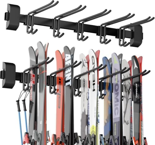 32" Ski & Snowboard Wall Rack – Heavy-Duty Wall Mounted Ski Storage for Garage, Holds 10 Pairs with 5 Adjustable Hooks, 300lbs Capacity, Non-Slip Rubber, Easy Install | Ski Holders for Wall (5) by Unknown
