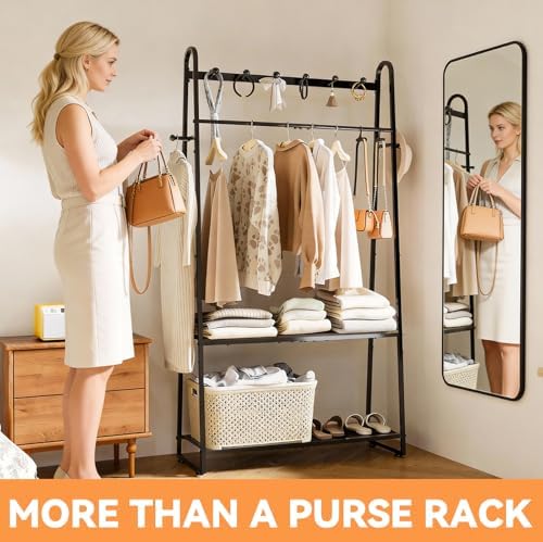 KAFAHOM Purse Organizer for Closet, Purse Rack - Tall Purse Shelf with 8 Hooks & 10 Removable Hangers to Hold Handbags, Backpacks, Pocketbooks., Perfect Purse Display Stand & Storage Tree,Black - Image 6