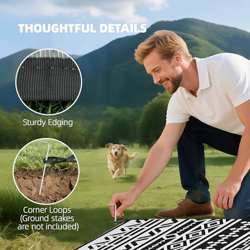 Outsunny Outdoor Rug for Patio Waterproof 9' x 18' Black & White Geometric - Image 7