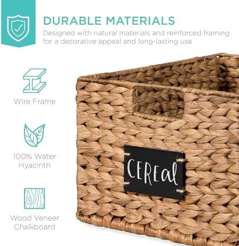 Best Choice Products Pantry Baskets Set of 2 16x12in Water Hyacinth Storage Baskets, Woven Wicker Kitchen Organizers with handles w/Chalkboard Label Chalk Marker - Chestnut - Image 5