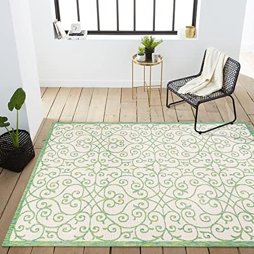 Eyely Filigree Textured Weave Area Rug 9X12 Cream/Green, Indoor Outdoor Rug by eyely