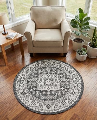 Rugs.com - Outdoor Aztec Rug – 3 Ft Round Charcoal Gray Indoor/Outdoor Rug – Durable for Patios, Decks, and Porches - Image 4