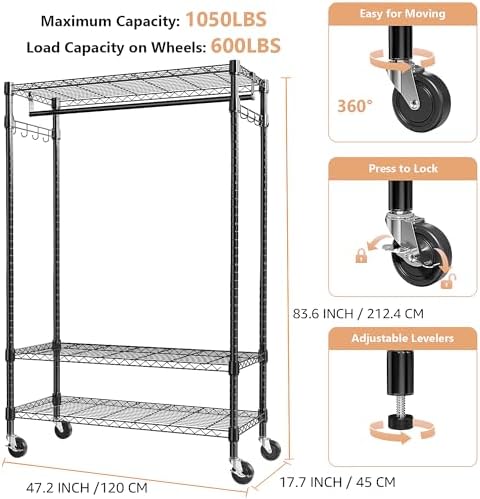 M MZG Heavy Duty Rolling Garment Rack 3 Tiers Adjustable Wire Shelving Clothes Rack with Rods and Side Hooks,Storage Closet Clothing Rack with Wheels Black 17.7" D x 47.2" W x 83.6" H - Image 6