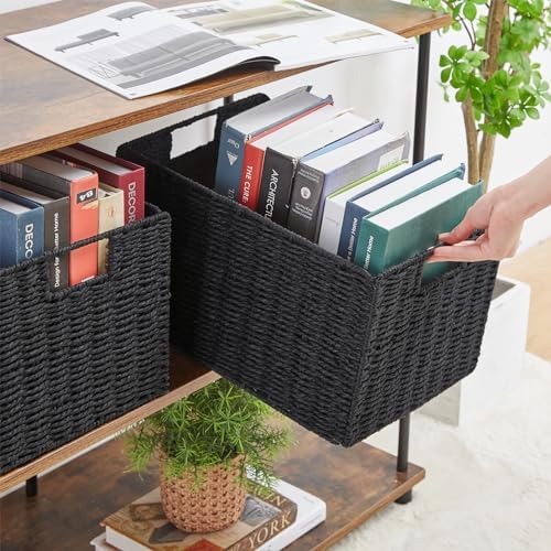Vagusicc Wicker Storage Basket, Set of 2 Hand-Woven Paper Rope Wicker Basket, Small Storage Baskets for Organizing Toilet Paper Baskets, Foldable Large Cube Storage Organizer Bin for Shelves (Black) - Image 5