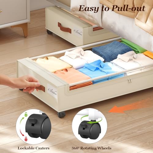 Yecaye Under Bed Storage with Wheels 2 Pack, 85 L Extra Large Under Bed Storage Containers with Metal Frame & Clear Lid, Rolling Underbed Organizer Bins Drawers for Clothes, Shoes, Blankets, Beige - Image 6