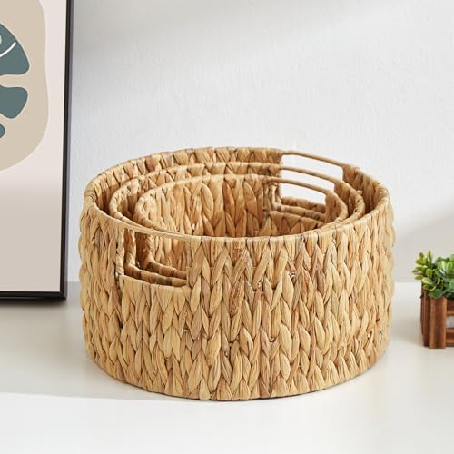 Vagusicc Wicker Storage Basket, Hand-Woven Water Hyacinth Large Round Woven Basket With Handles, Wicker Baskets for Organizing/Storage, 3-Pack - Image 5