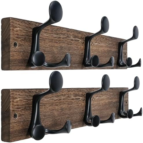 WEBI Coat Rack Wall Mount,17" Solid Wood Coat Hooks Wall Mounted Coat Hanger,16" Hole to Hole,Heavy Duty Hook Rack Rail,3 Triple Hooks for Hanging Coats,Jacket,Clothes,Hat,Weathered Brown,2 Packs by WEBI