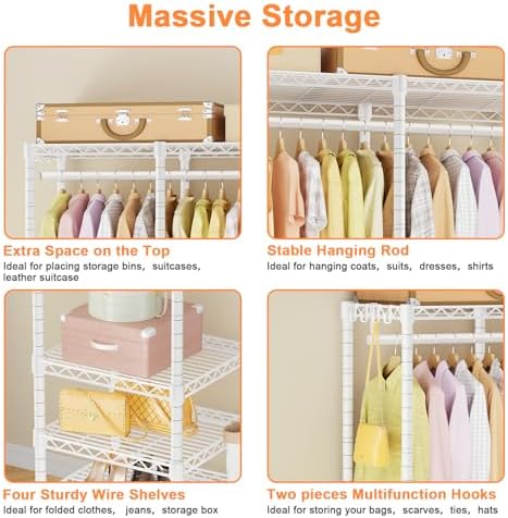 Ulif F4C Heavy Duty Clothes Rack with Dustproof Cover，Freestanding Clothing Racks for Hanging Clothes，Adjustable Closet Organizer System，Portable Garment Rack 45"W*15.8"D*71.3"H，Max Load 600LBS，White - Image 5