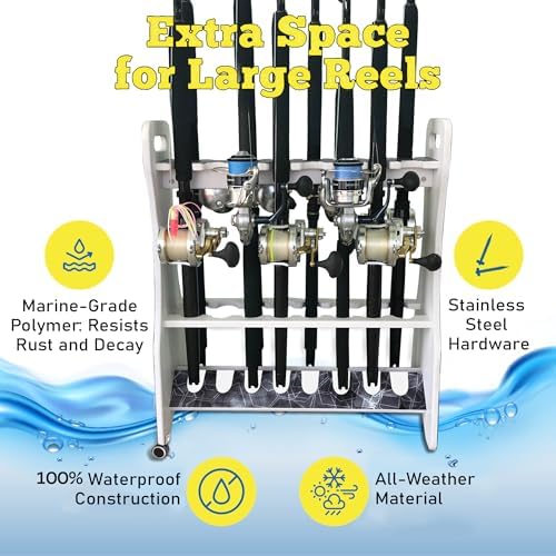 Rush Creek Creations Reel Salty Offshore and Inshore Waterproof Marine Grade 16 Rolling Fishing Rod Holder Dock/Garage Storage Rack, Gray/White, 29.8" L x 11.6" W x 30.9" H - Image 4