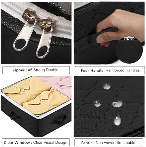 6 Pack Under bed Storage Containers, 90L Large Capacity Bedroom Closet Organizers and Storage Bins Foldable Underbed Storage Bags for Clothes, Blanket, Towels, Comforter, Sweaters, Linen Sheet Black - Image 5