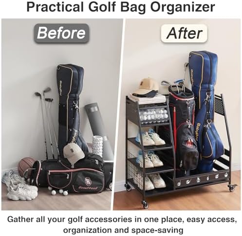 Lauren&Harold Golf Bag Organizer Garage Storage, Golf Storage Rack Stand Fits 2 Golf Bags, Golf Clubs and Other Golfing Equipment Accessories, Golf Organizer for Garage, Club, Shed, Basement - Image 6