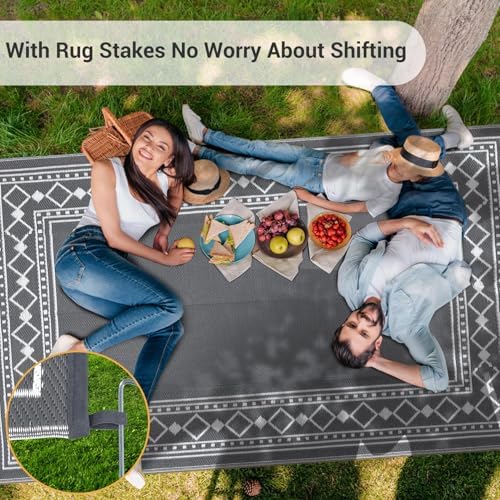 GlowSol 9x18 Outdoor Rug Waterproof Reversible Patio Mat, Heavy Duty Plastic Straw Rug for RV Camping Deck Backyard Beach, Foldable Indoor Outdoor Carpet Stain Resistant Outside Rugs, Grey/White - Image 6