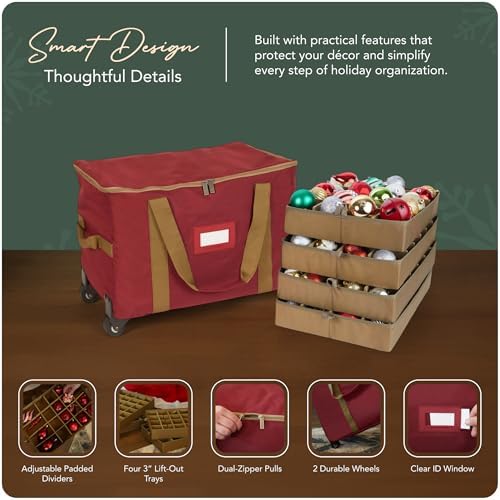 Covermates Keepsakes Rolling Adjustable Ornament Storage Bag – Heavy-Duty Polyester, FlexGrid Trays & Padded Dividers – Protective Holiday Organizer with Wheels, Handles & ID Window, Red - Image 4