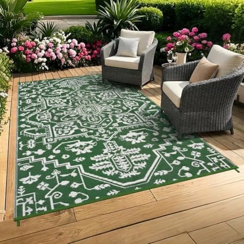 GAOMON Waterproof 8x10 Outdoor Rug Boho Vintage Reversible Plastic Straw Rug Mat UV-Resistant Foldable Retro Medallion Camping Indoor Outdoor Carpet for Patio RV Deck Balcony Picnic, Green White by GAOMON