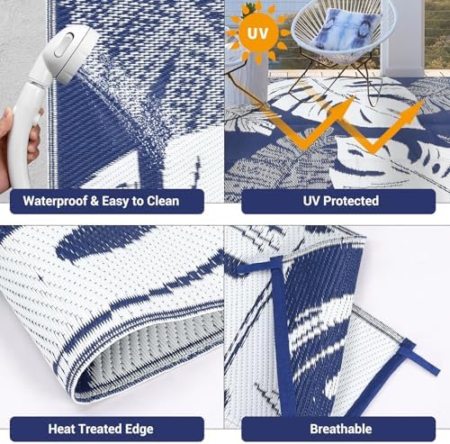 GlowSol Waterproof 9x18 Outdoor Rug for Patio Reversible Plastic Straw Rug Floral Camping Carpet with Carry Bag, Stain & UV Resistant Portable RV Carpet for Camper Deck Balcony Porch Beach Picnic,Navy - Image 2