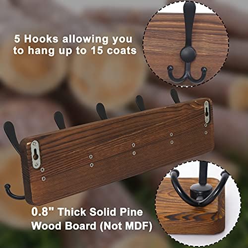 Dseap Coat Rack Wall Mounted - 5 Tri Hooks, Heavy Duty, Wooden Wall Coat Hanger Coat Hook for Clothes Hat Jacket Clothing, Natural & Black, 2 Packs - Image 5