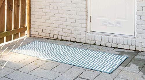 Unique Loom Outdoor Striped Collection Area Rug - Striped (2' x 6' 1" Runner, Light Aqua/Ivory) - Image 3