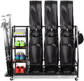 Sttoraboks Golf Bags Storage Garage Organizer, Golf Bag Rack Fits 2/3 Golf Bags and Golf Equipment Accessories, Golf Club Storage Stand with Wooden Shelf and Lockable Wheels for Garage Indoor Basement by Sttoraboks