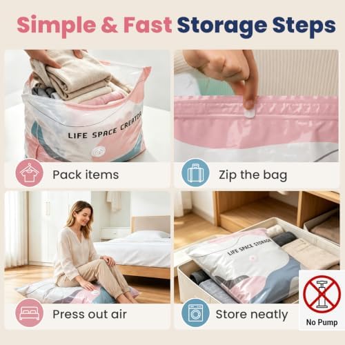 5PCS No Pump Vacuum Storage Bags, No Pump Large Vacuum Storage Compression Bags, Thick Airtight Reusable Organizer for Clothes Comforters Travel Moving Closet Storage (L) - Image 4