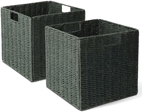 Set of 2 Hand-Woven Paper Rope Wicker Baskets, Storage Basket, Foldable Cube Storage Bins, Green Storage Cubes, Square Baskets for Organizing Shelves, 12x12x12in by WickerStorageBaskets