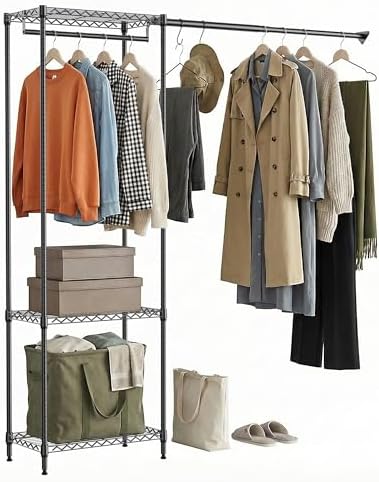 MZG Closet Organizer System, Freestanding Closet Storage System with Expandable Hanging Rod & Wire Shelves, No-Drill Closet Kit for Small Spaces, Bedroom & Apartment (13.8"D x 63.3"W x 82.4"H) by MEIGAOPLASTICANDMETALHKCOLIMITED