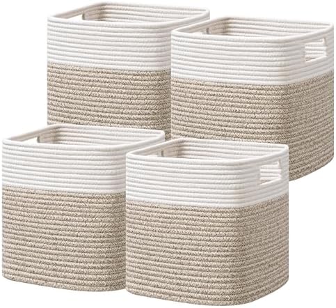UBBCARE Set of 4 Storage Cubes-11 X 10.5 X 10.5 In, Cotton Rope Basket for Shelves, Toys, Book, Cube Storage Bin with Handles, Woven Storage Basket for Organizing, White/Brown by UBBCARE