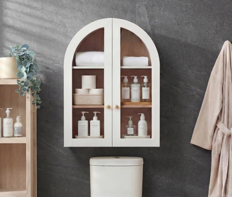Bathroom Arched Wall Cabinet, 23.5'' Wide Medicine Cabinet, Bathroom Cabinet Wall Mount with Glass Doors & Adjustable Shelves, Over The Toilet Storage Cabinet for Laundry Room, Bedroom,Kitchen, White by Unknown